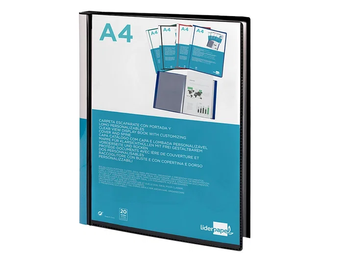 Liderpapel Carpeta 37715 Personalizable 20 Fundas Canguro Polipropileno DIN A4 Negra Portada y Lomo