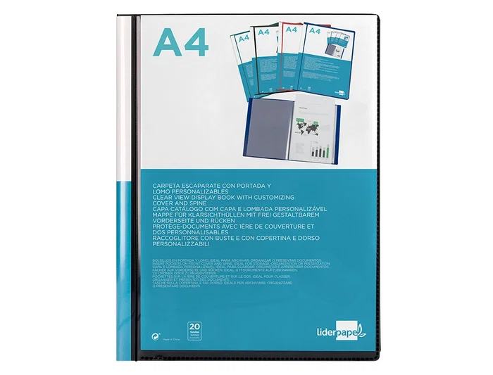 Liderpapel Carpeta 37715 Personalizable 20 Fundas Canguro Polipropileno DIN A4 Negra Portada y Lomo