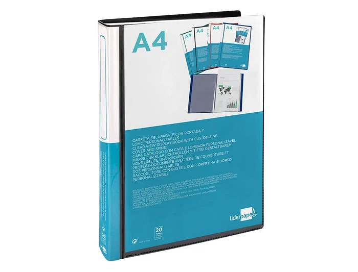 Liderpapel Carpeta 37715 Personalizable 20 Fundas Canguro Polipropileno DIN A4 Negra Portada y Lomo