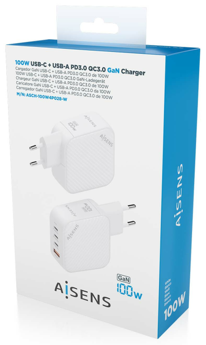 Aisens Cargador GaN 100W con 3xUSB-C y 1xUSB-A, Blanco