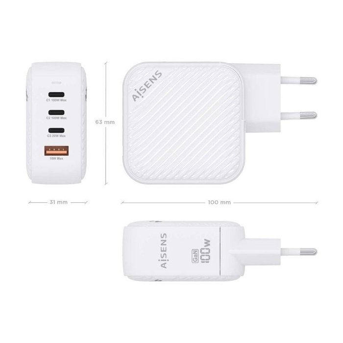 Aisens Cargador GaN 100W con 3xUSB-C y 1xUSB-A, Blanco