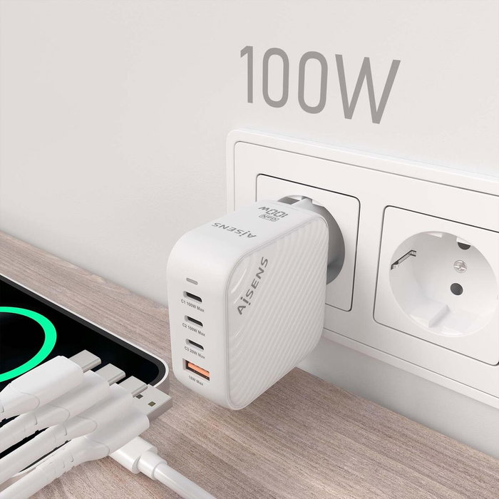Aisens Cargador GaN 100W con 3xUSB-C y 1xUSB-A, Blanco