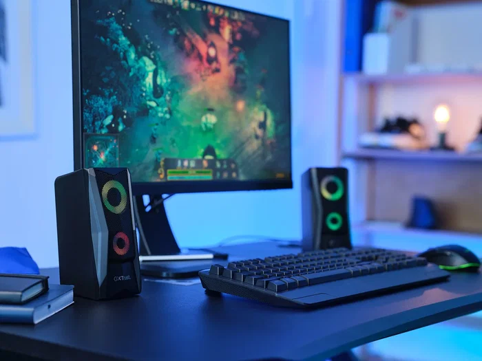 Trust GXT 606 JAVV Altavoces para PC Escritorio 2.0 - 12W - RGB - Negro - Conexión 3.5mm y USB Alimentación