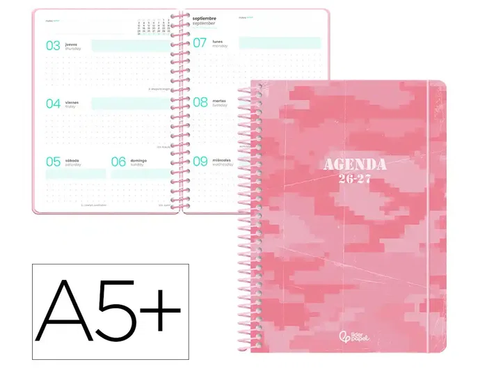 Liderpapel - Agenda Escolar 2026-2027 Military, A5+, Semana Vista, Espiral, Interior Bilingüe (Español/Inglés), Tapa Dura, Color Rosa, Papel FSC 80g Liderpapel - Agenda Escolar 2026-2027 Military, A5+, Semana Vista, Espiral, Interior Bilingüe (Español/Inglés), Tapa Dura, Color Rosa, Papel FSC 80g