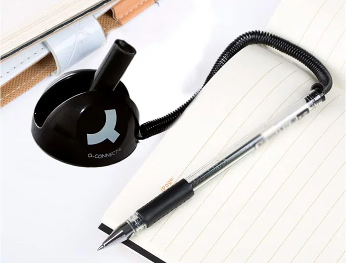 Q-connect Boligrafo Extensible con Cadena, Soporte Adhesivo y Tinta Azul, Punta 1 mm