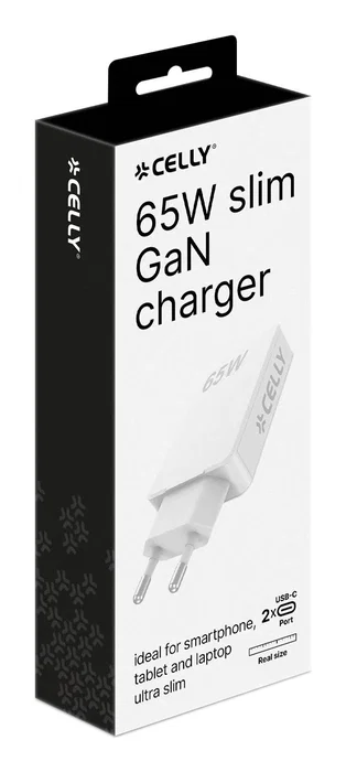 Celly SLIMTC2C65WWH Cargador de Pared 2 Puertos USB-C 65W con Carga Rápida PD para Portátil, Smartphone y Tablet, Color Blanco