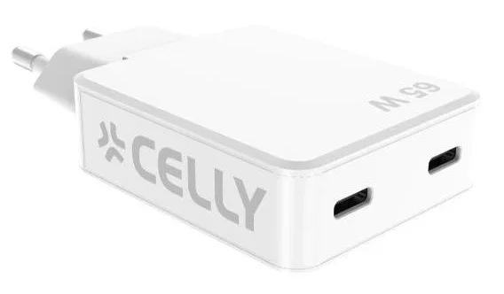 Celly SLIMTC2C65WWH Cargador de Pared 2 Puertos USB-C 65W con Carga Rápida PD para Portátil, Smartphone y Tablet, Color Blanco