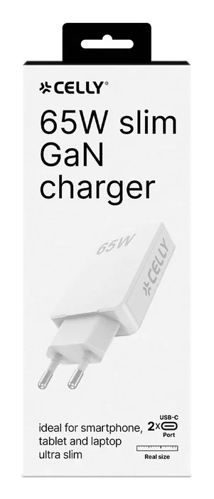 Celly SLIMTC2C65WWH Cargador de Pared 2 Puertos USB-C 65W con Carga Rápida PD para Portátil, Smartphone y Tablet, Color Blanco