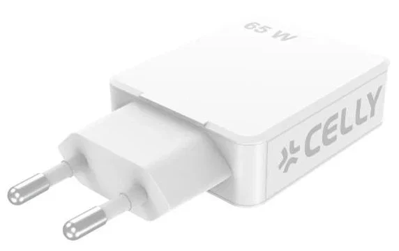 Celly SLIMTC2C65WWH Cargador de Pared 2 Puertos USB-C 65W con Carga Rápida PD para Portátil, Smartphone y Tablet, Color Blanco