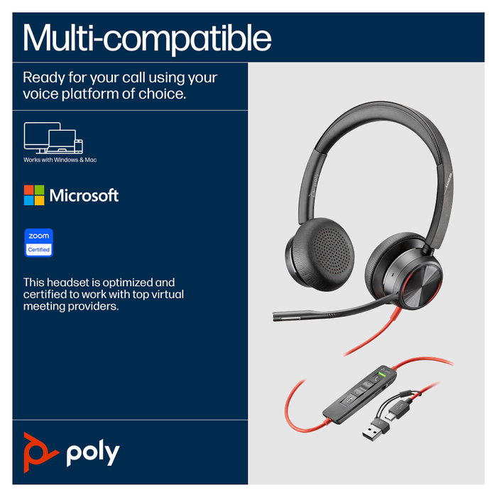 HP Poly Blackwire 8225 Auriculares Estéreo USB-C Negro con Adaptador USB-C/A