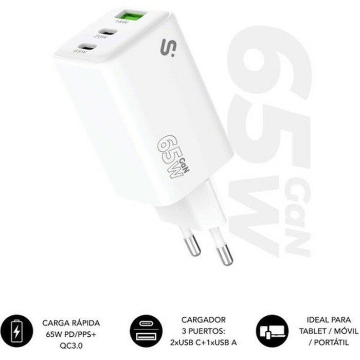 Subblim Cargador GaN 65W USB-C + USB-C + USB-A Blanco Subblim Cargador GaN 65W USB-C + USB-C + USB-A Blanco
