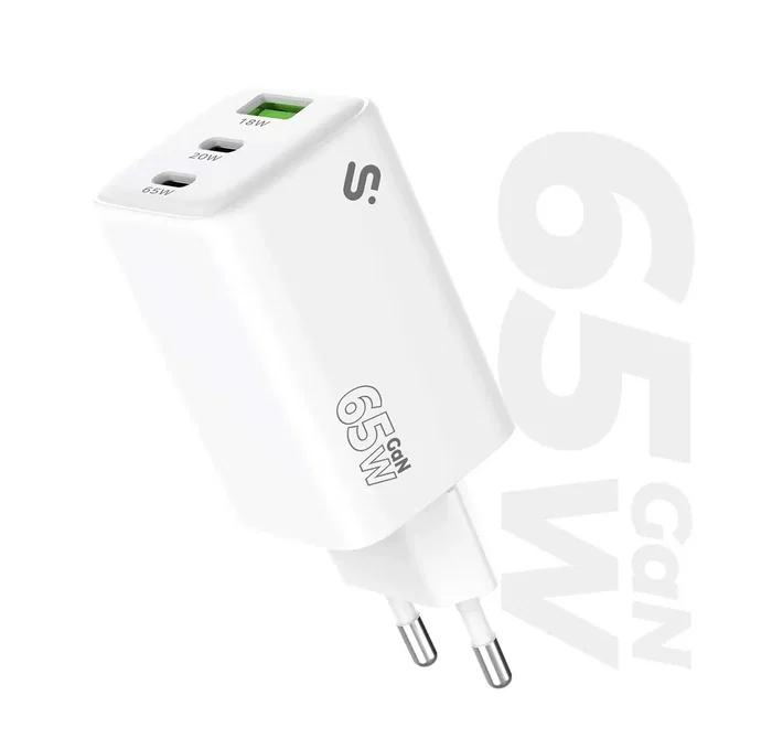 Subblim Cargador GaN 65W USB-C PD 3.0 PPS, 2 Puertos USB-C + 1 USB-A, SUBCHG-6G6530, Carga Rápida 20W/18W, Compacto para Viaje, Universal, Blanco