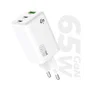 Subblim Cargador GaN 65W USB-C PD 3.0 PPS, 2 Puertos USB-C + 1 USB-A, SUBCHG-6G6530, Carga Rápida 20W/18W, Compacto para Viaje, Universal, Blanco