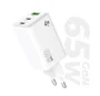 Subblim Cargador GaN 65W USB-C PD 3.0 PPS, 2 Puertos USB-C + 1 USB-A, SUBCHG-6G6530, Carga Rápida 20W/18W, Compacto para Viaje, Universal, Blanco