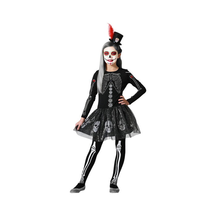 Disfraz de Esqueleto para Niña Halloween 10-12 Años con Falda de Tul Brillante y Detalles de Calaveras - Negro