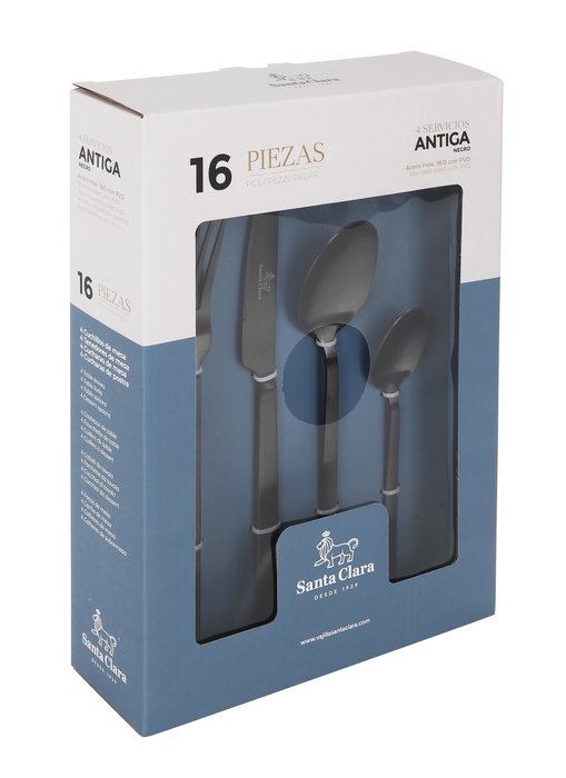 Santa Clara Cubertería de Acero Inoxidable 16 Piezas, Juego Antiga Negro, 20.6 cm Largo, Incluye Cuchara, Tenedor, Cuchillo (6 Unidades)