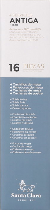 Santa Clara Cubertería de Acero Inoxidable 16 Piezas, Juego Antiga Negro, 20.6 cm Largo, Incluye Cuchara, Tenedor, Cuchillo (6 Unidades)