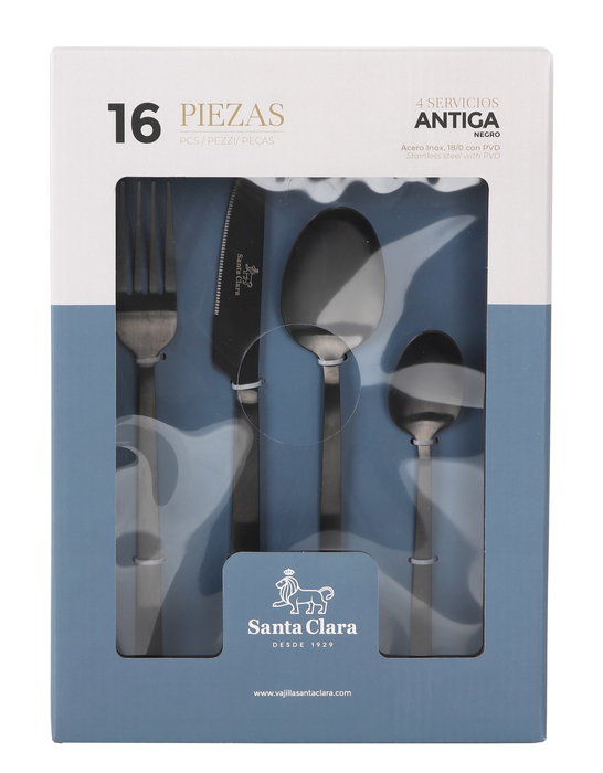 Santa Clara Cubertería de Acero Inoxidable 16 Piezas, Juego Antiga Negro, 20.6 cm Largo, Incluye Cuchara, Tenedor, Cuchillo (6 Unidades)