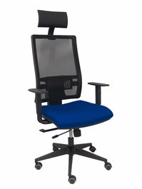 Silla de oficina Horna con mecanismo Sincro/Traslack tapizada con Tela color Azul marino y malla color Negro. Equipada con lumbar 1D, Brazos 1D, Cabecero Fijo y Ruedas de parqué