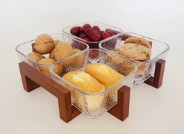 DKD Home Decor Set de 4 Aperitivos Basicos Transparente Natural de Cristal y Acacia 22 x 6 x 22 cm 300ml