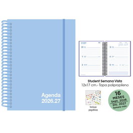 Agenda Anual (2026-27) Senfort 16 Meses Student Unicolor Espiral Tapa Pp Con Goma 120X170 S/V Pastel Azul