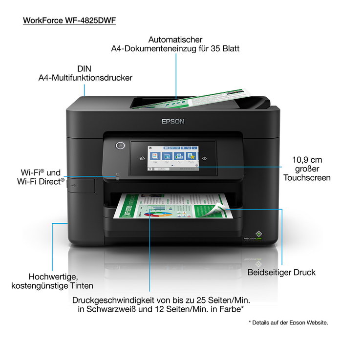 Epson WorkForce Pro WF-4825DWF Multifunción Tinta A4 Impresión Escaneo Fax Wifi Pantalla Táctil Color Negro
