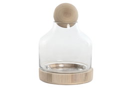 DKD Home Decor Jarrón de Cristal y Madera con Bola Natural 18x18x24 cm