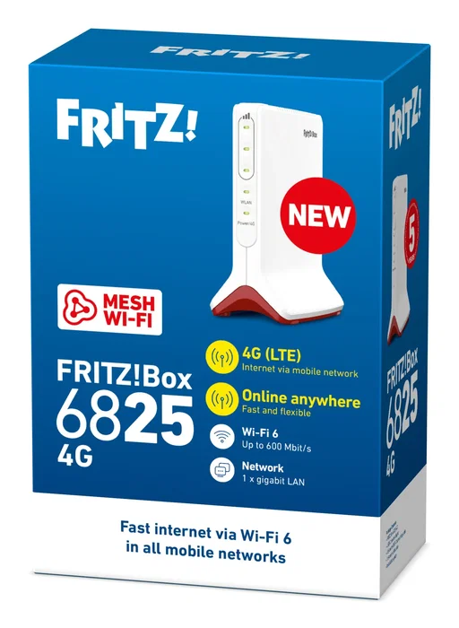 FRITZ!Box 6825 4G Edition International - Router de Sobremesa 4G LTE con Wi-Fi 6 (802.11ax) 600 Mbps, Banda Única 2.4 GHz, 1x Gigabit Ethernet, NanoSIM, Blanco