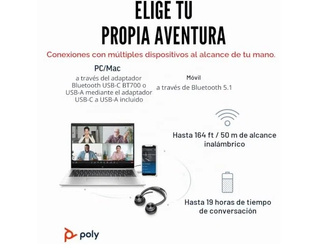 HP Poly Voyager Focus 2 USB-C Negro con Base de Carga y Adaptador USB-C/A