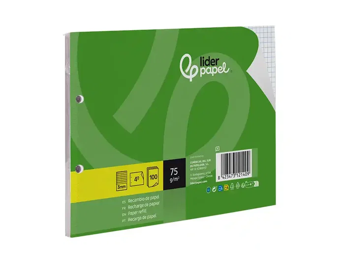Liderpapel Recambio Din A5 Apaisado, 100 Hojas de Papel Cuadriculado de 75 g/m², 3 mm, 2 Taladros, con Margen, Compatible con Carpetas de Anillas