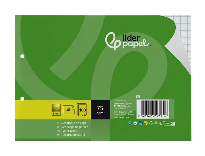 Liderpapel Recambio Din A5 Apaisado, 100 Hojas de Papel Cuadriculado de 75 g/m², 3 mm, 2 Taladros, con Margen, Compatible con Carpetas de Anillas