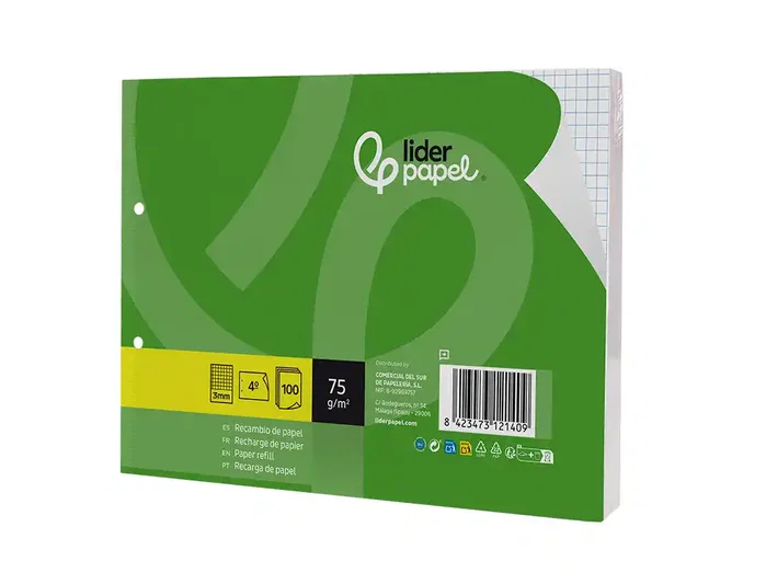 Liderpapel Recambio Din A5 Apaisado, 100 Hojas de Papel Cuadriculado de 75 g/m², 3 mm, 2 Taladros, con Margen, Compatible con Carpetas de Anillas