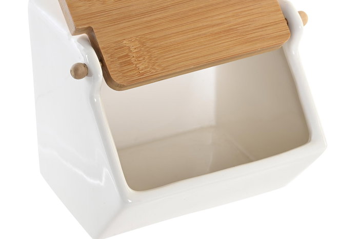 DKD Home Decor Salero de Porcelana y Bambú Blanco Natural 14 x 12.5 x 12 cm