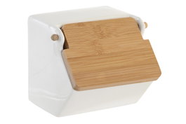 DKD Home Decor Salero de Porcelana y Bambú Blanco Natural 14 x 12.5 x 12 cm
