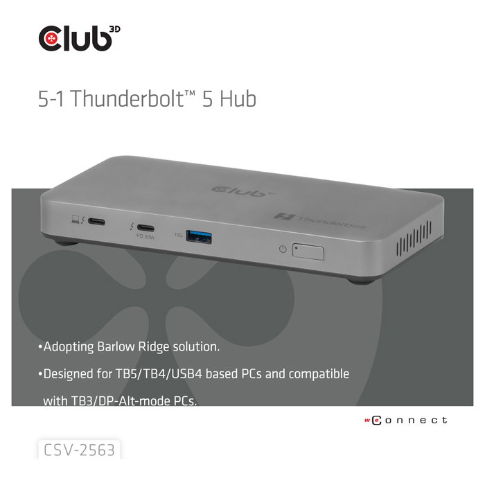 Club 3D CSV-2563 Hub Thunderbolt 5 de 5 puertos, 100 W Power Delivery, Plata
