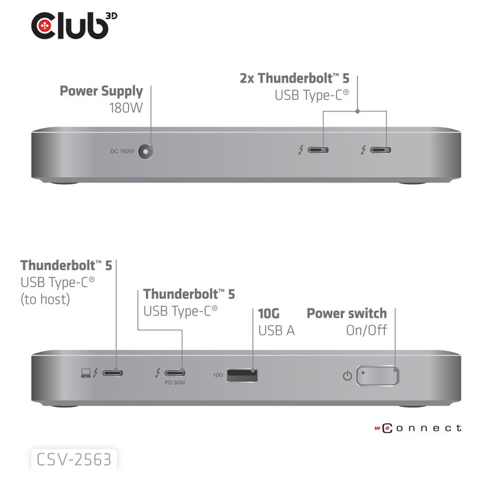Club 3D CSV-2563 Hub Thunderbolt 5 de 5 puertos, 100 W Power Delivery, Plata