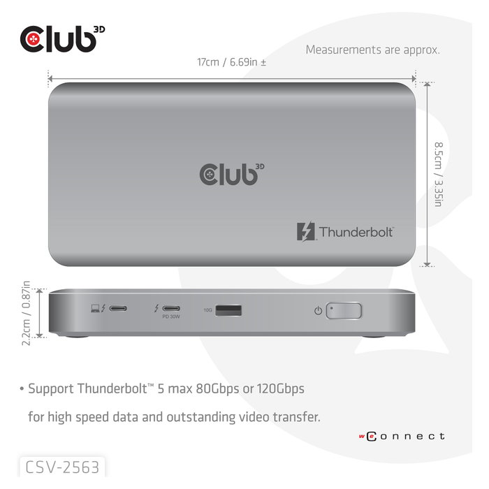 Club 3D CSV-2563 Hub Thunderbolt 5 de 5 puertos, 100 W Power Delivery, Plata