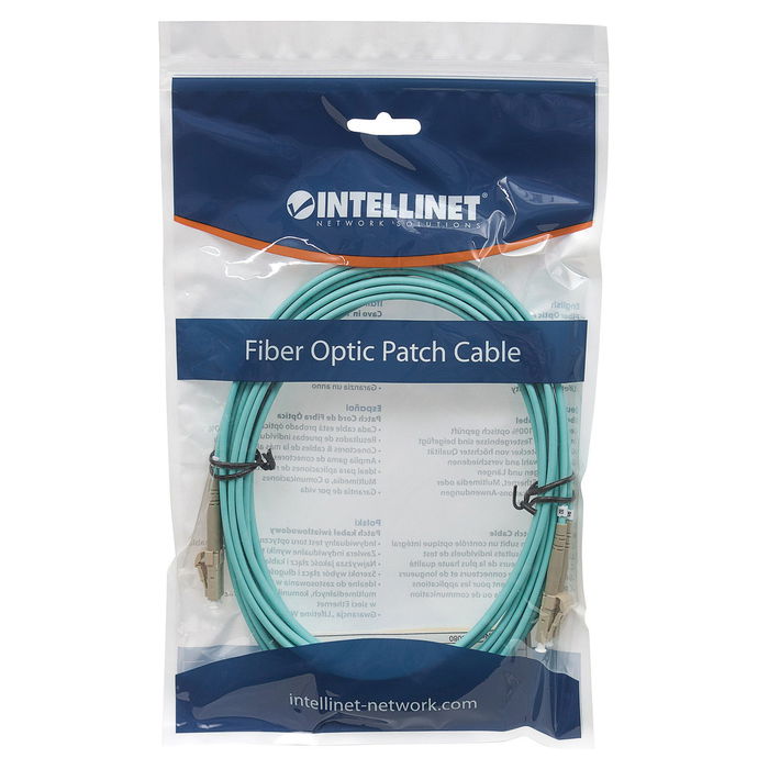 Intellinet 750868 Cable Fibra Óptica LC/LC OM3 Multimodo 1m, Color Aguamarina, Duplex Completo, LSZH, 50/125 µm