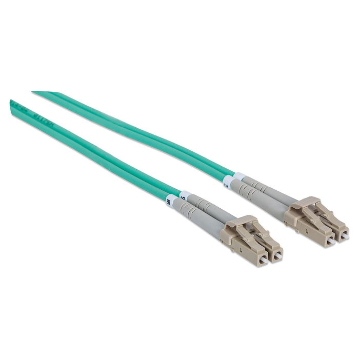 Intellinet 750868 Cable Fibra Óptica LC/LC OM3 Multimodo 1m, Color Aguamarina, Duplex Completo, LSZH, 50/125 µm