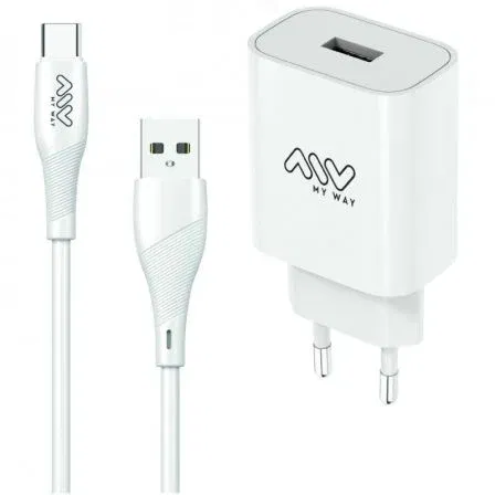 Myway Cargador de Pared MYWEPAK0002 1xUSB 12W con Cable USB Tipo-C 1.5m Blanco 15W Myway Cargador de Pared MYWEPAK0002 1xUSB 12W con Cable USB Tipo-C 1.5m Blanco 15W