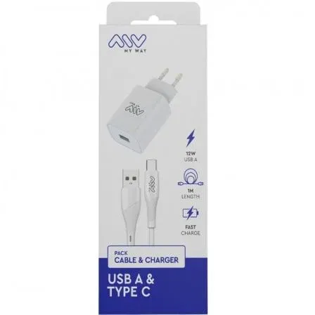 Myway Cargador de Pared MYWEPAK0002 1xUSB 12W con Cable USB Tipo-C 1.5m Blanco 15W Myway Cargador de Pared MYWEPAK0002 1xUSB 12W con Cable USB Tipo-C 1.5m Blanco 15W