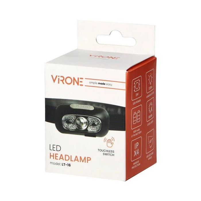 ORNO LT-16 Linterna Frontal LED Recargable con Batería de 500 mAh y Ángulo Ajustable de 45 Grados