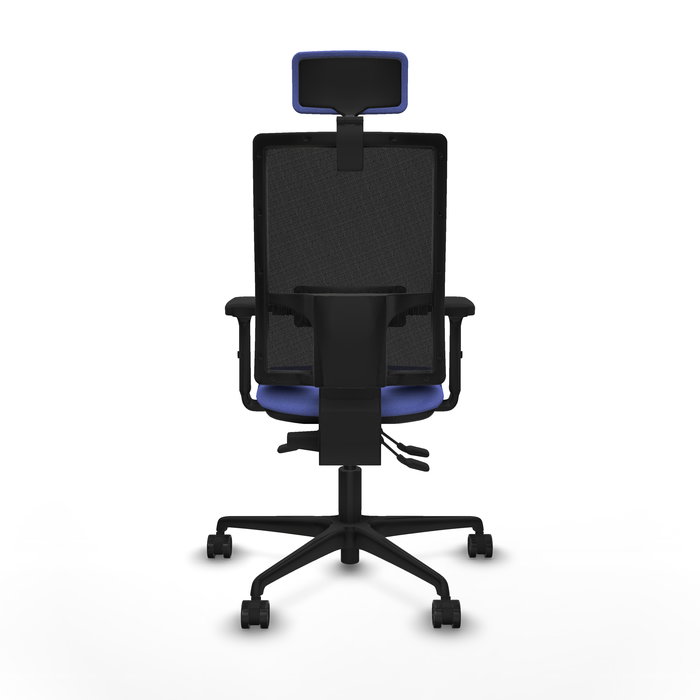 Silla de oficina Bormate con mecanismo Asincro tapizada con Tela color Azul claro y malla color Negro. Equipada con lumbar 1D, Brazos 2D, Cabecero 2D y Ruedas 65mm nailon