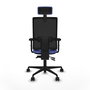 Silla de oficina Bormate con mecanismo Asincro tapizada con Tela color Azul claro y malla color Negro. Equipada con lumbar 1D, Brazos 2D, Cabecero 2D y Ruedas 65mm nailon