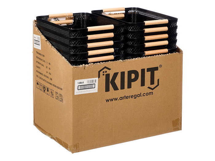 Kipit Cesta de Plástico con Asa de Bambú Negra, Dimensiones 32x20.5x14.5 cm (Set de 24)