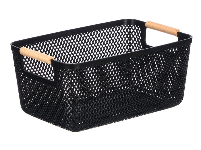 Kipit Cesta de Plástico con Asa de Bambú Negra, Dimensiones 32x20.5x14.5 cm (Set de 24)