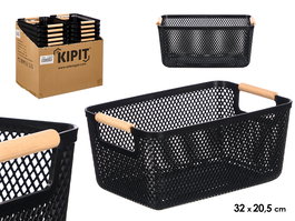 Kipit Cesta de Plástico con Asa de Bambú Negra, Dimensiones 32x20.5x14.5 cm (Set de 24)