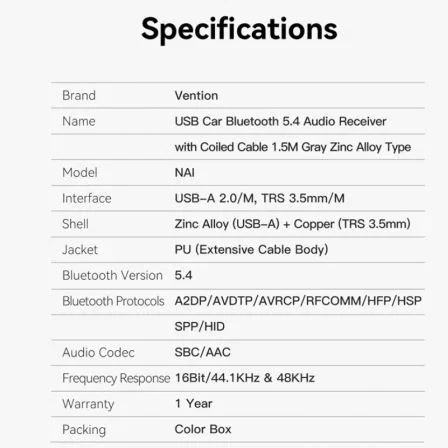 Vention NAIHG Receptor de Audio Bluetooth 5.4 para Coche con USB a Jack 3.5mm, Llamadas Manos Libres y Música Alta Fidelidad Vention NAIHG Receptor de Audio Bluetooth 5.4 para Coche con USB a Jack 3.5mm, Llamadas Manos Libres y Música Alta Fidelidad