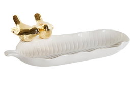 DKD Home Decor Bandeja Vacia-bolsillos de Porcelana 25x13,5x6 cm Blanco y Dorado