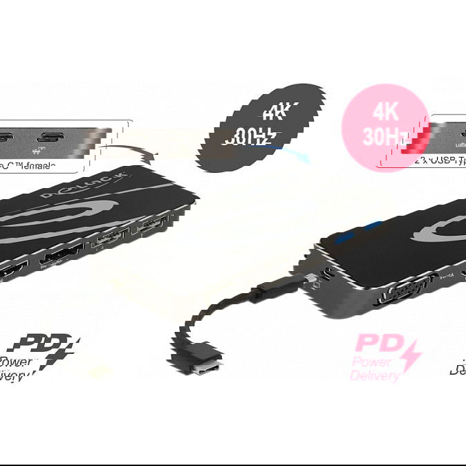 DeLOCK Docking Station USB-C 3.2 Gen 1 Hub con 4K HDMI, DisplayPort, VGA 1080p y Carga PD 3.0 para Laptop (2xUSB-A, 1xUSB-C) - Negro